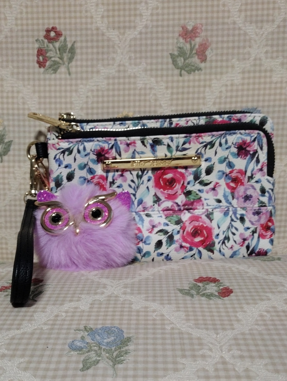 Floral Double Zip Wristlet with Purple Pom Owl Charm